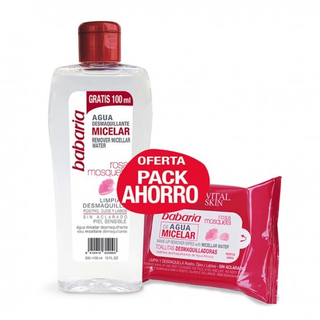 8410412550208 - BABARIA ROSA MOSQUETA AGUA MICELAR + TOALLITAS 20 - LECHE LIMPIADORA